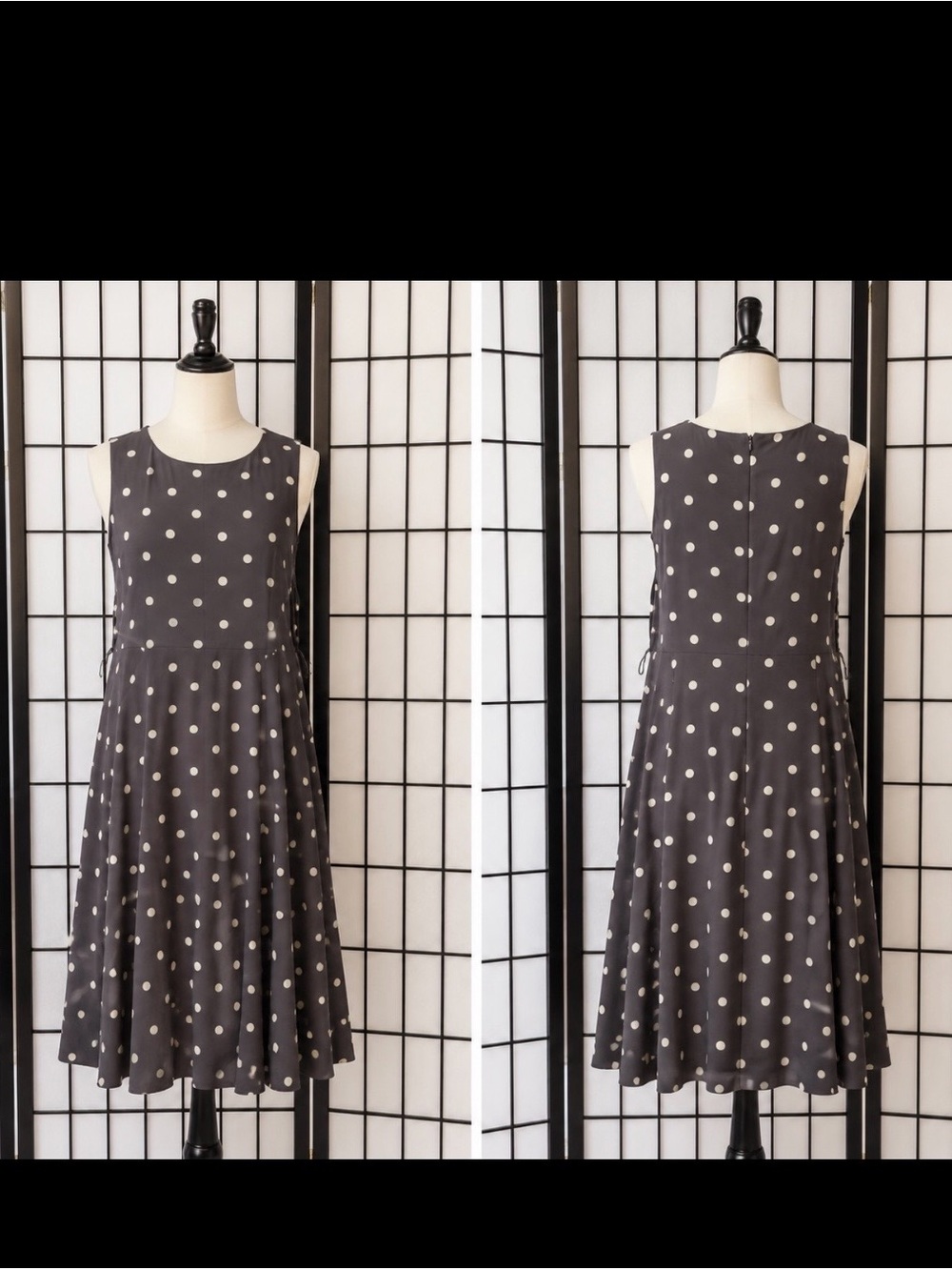 Anne Klein Black Polka Dot Midi Dress with Self-Tie Waist - Picture 2 of 3